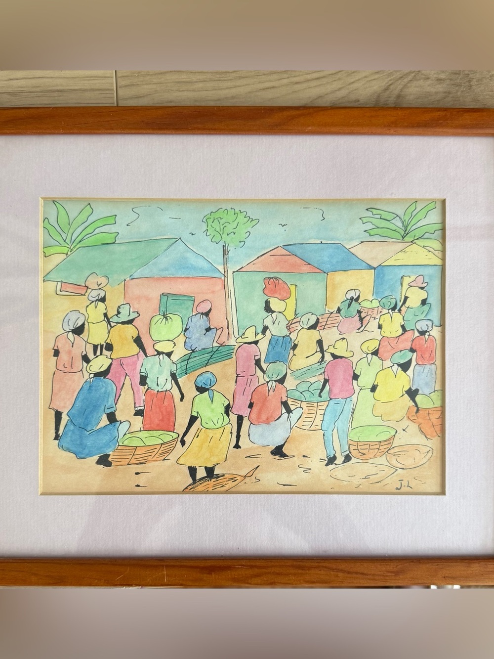 Vintage Hand-Painted Market Scene Watercolor Art Print - Multicolor